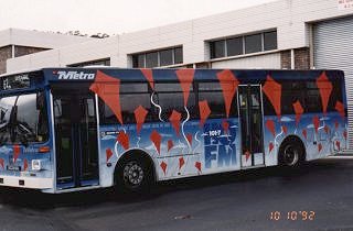 Bus 182 in Hobart in 1992 advertising a local radio station