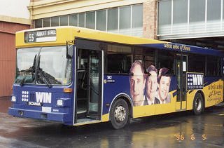 By 1996 bus 182 had moved north to Launceston and was advertising an Australian television network.