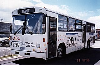 Mercedes bus 354 carrying advertising for another north coast radio station - 7BU.